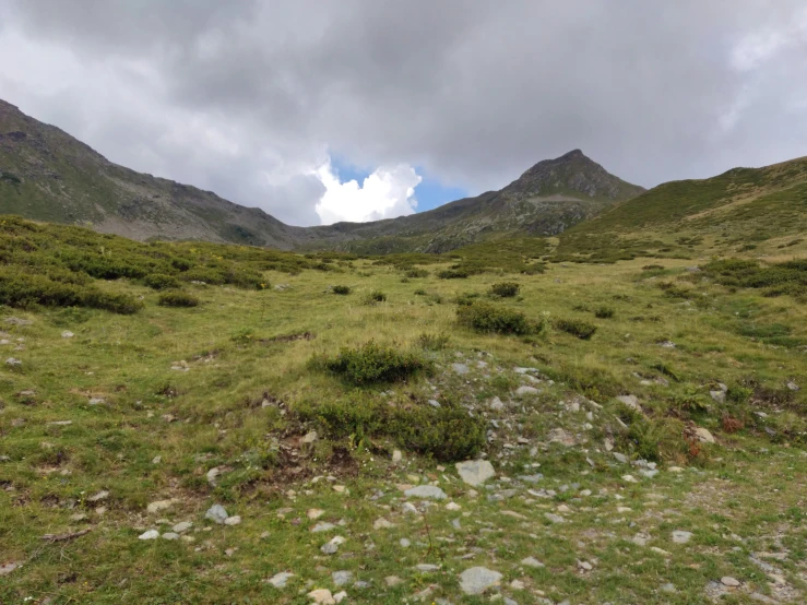 the landscape in the mountains is a lot of grass and rocks