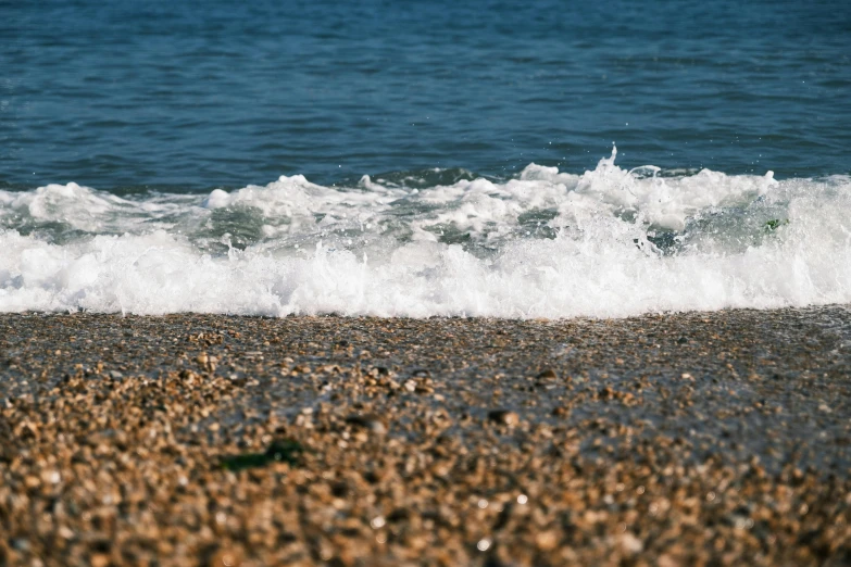 a bird flying over a beach with waves in it