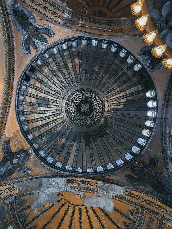 the ceiling of a dome with circular lights above