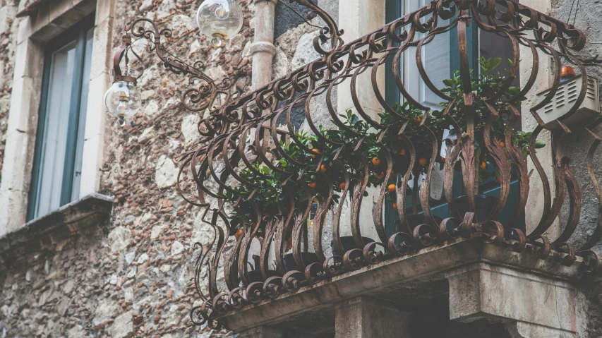 a building with vines and potted plants growing on it's balconies