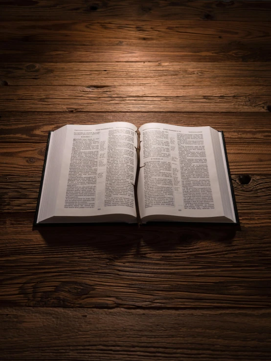 an open book sits on top of a wood table