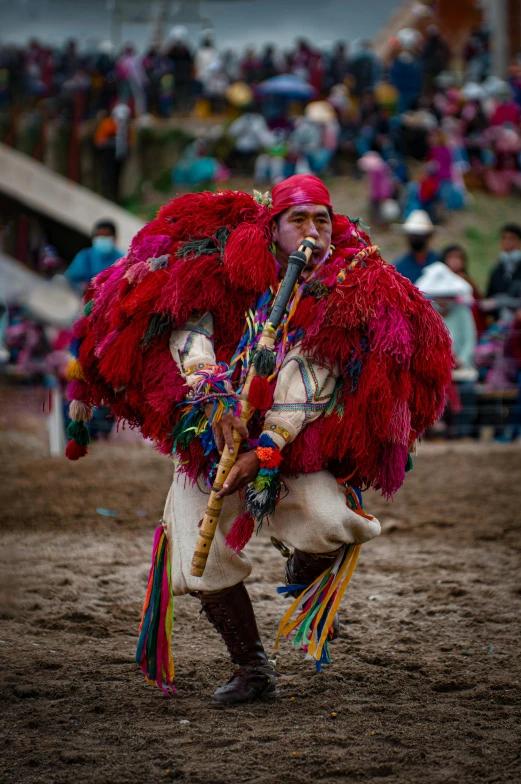 a person in a costume and feathers walking