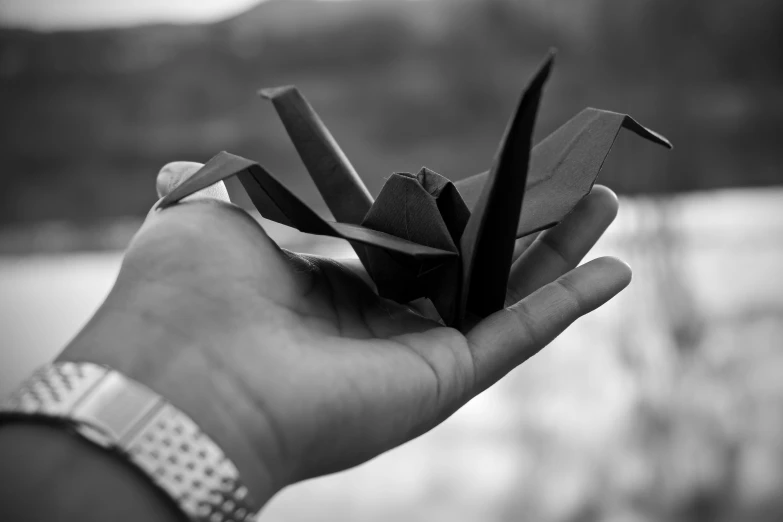 black and white pograph of someone holding paper origami