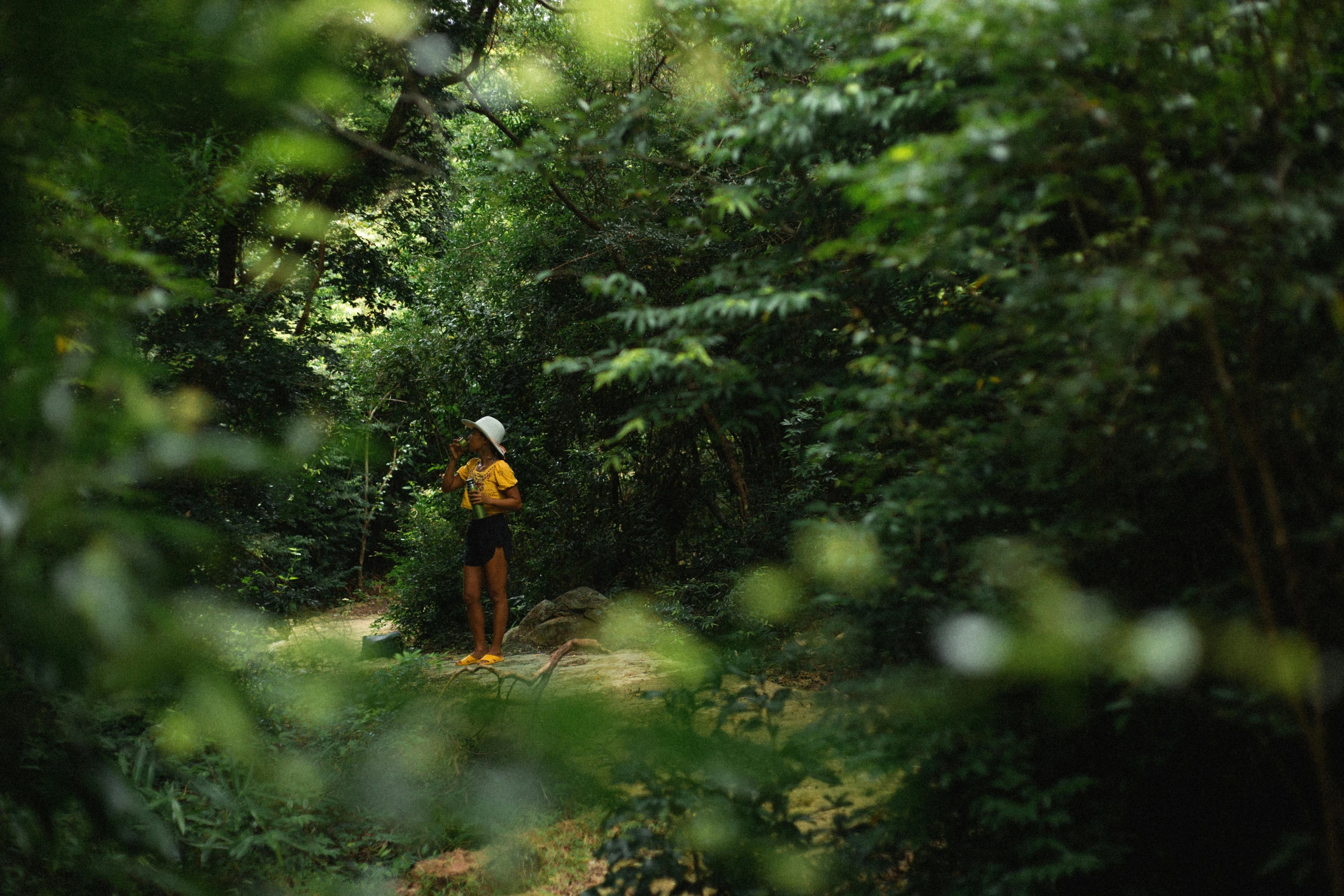 a man wearing a yellow backpack standing on a path surrounded by trees