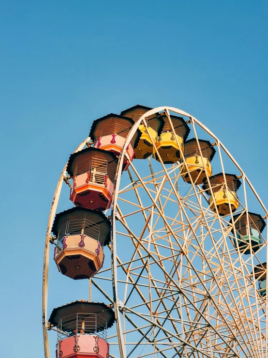 an amut park ride wheel with six people seated on it