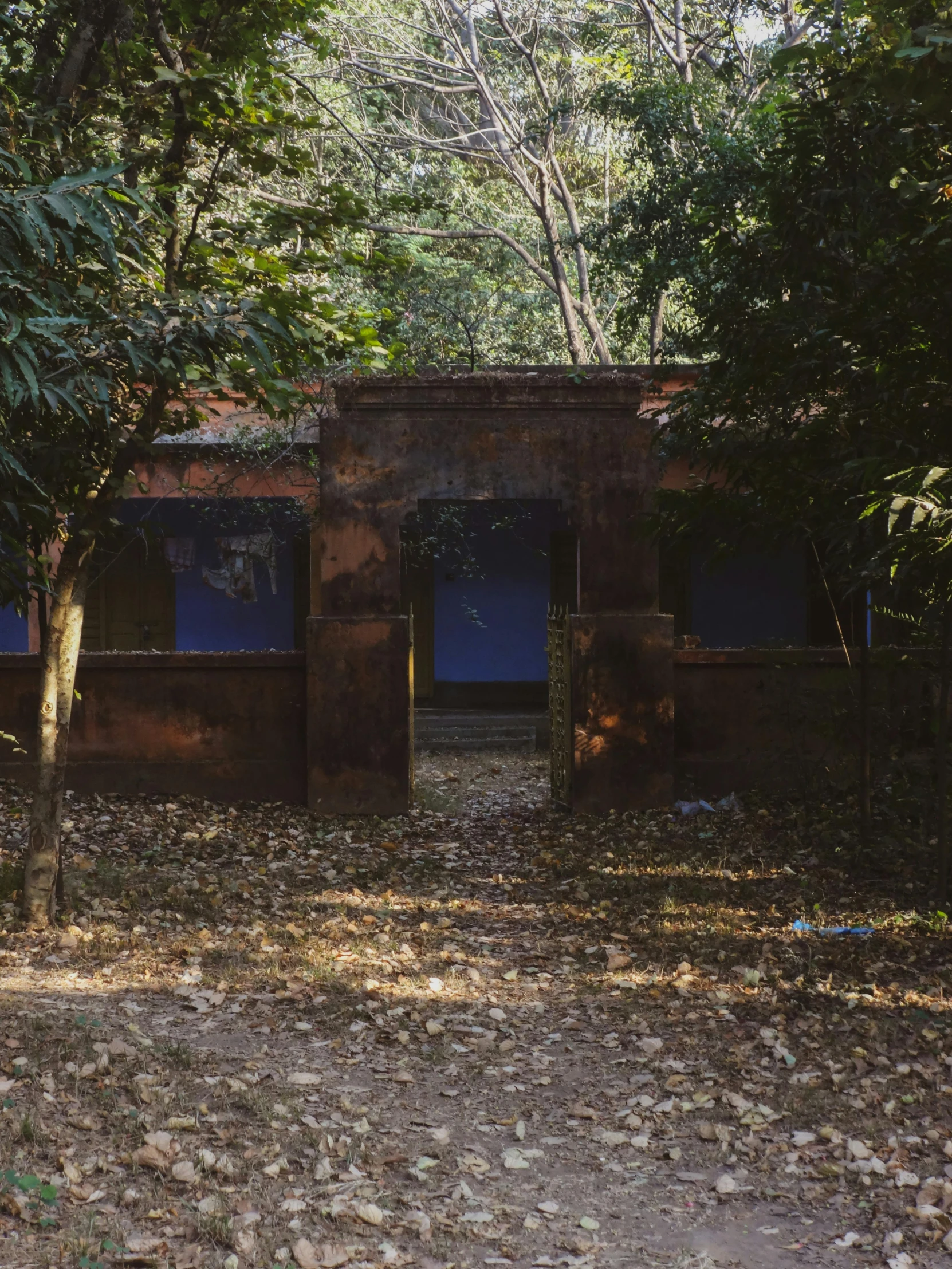 a small house with two doors and one window surrounded by trees