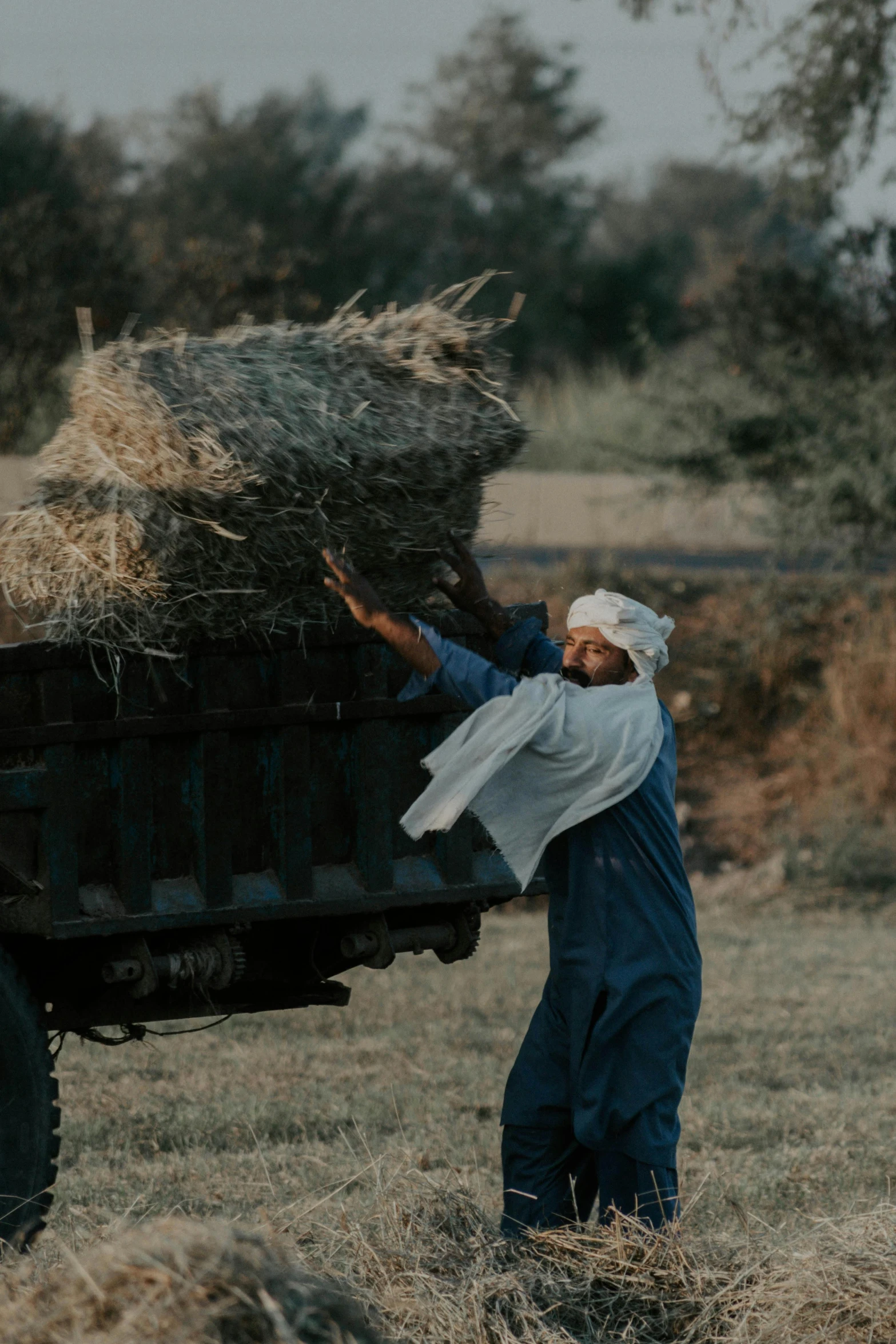 a man pulling hay into the back of a truck