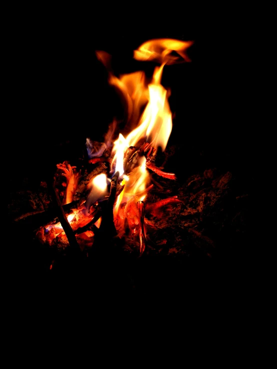 a small bonfire burns in the dark