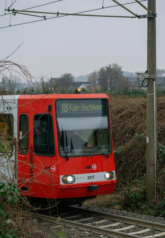 a red transit bus stopped on train tracks next to some bushes