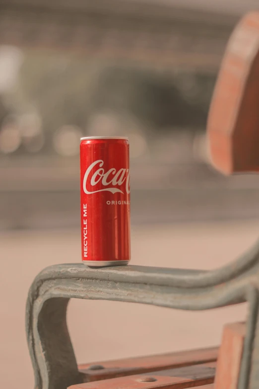 the can is on top of the bench in a public park