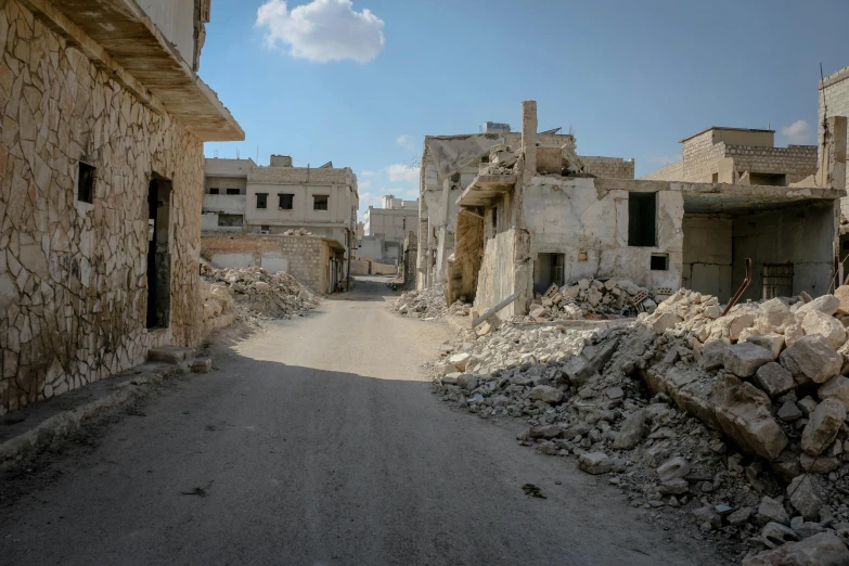 buildings in the village and rubble in the street