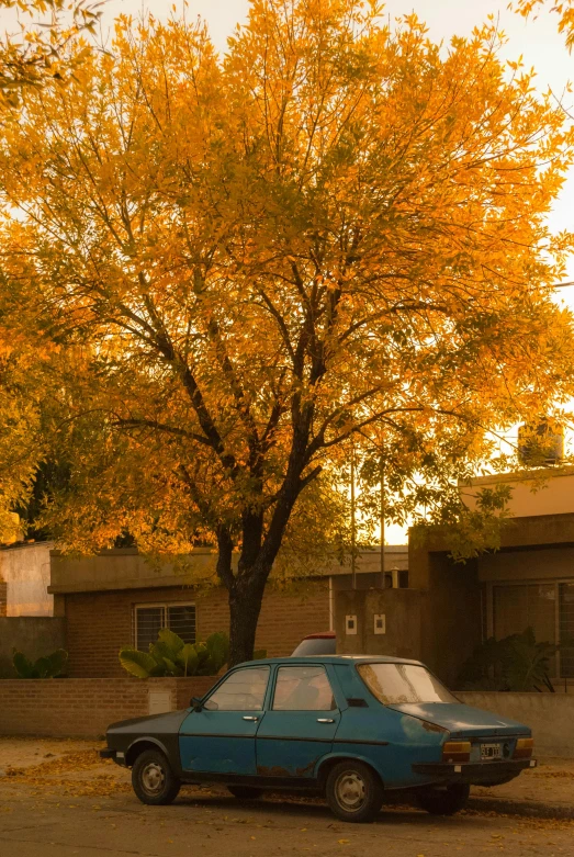 a blue car parked on the side of a road