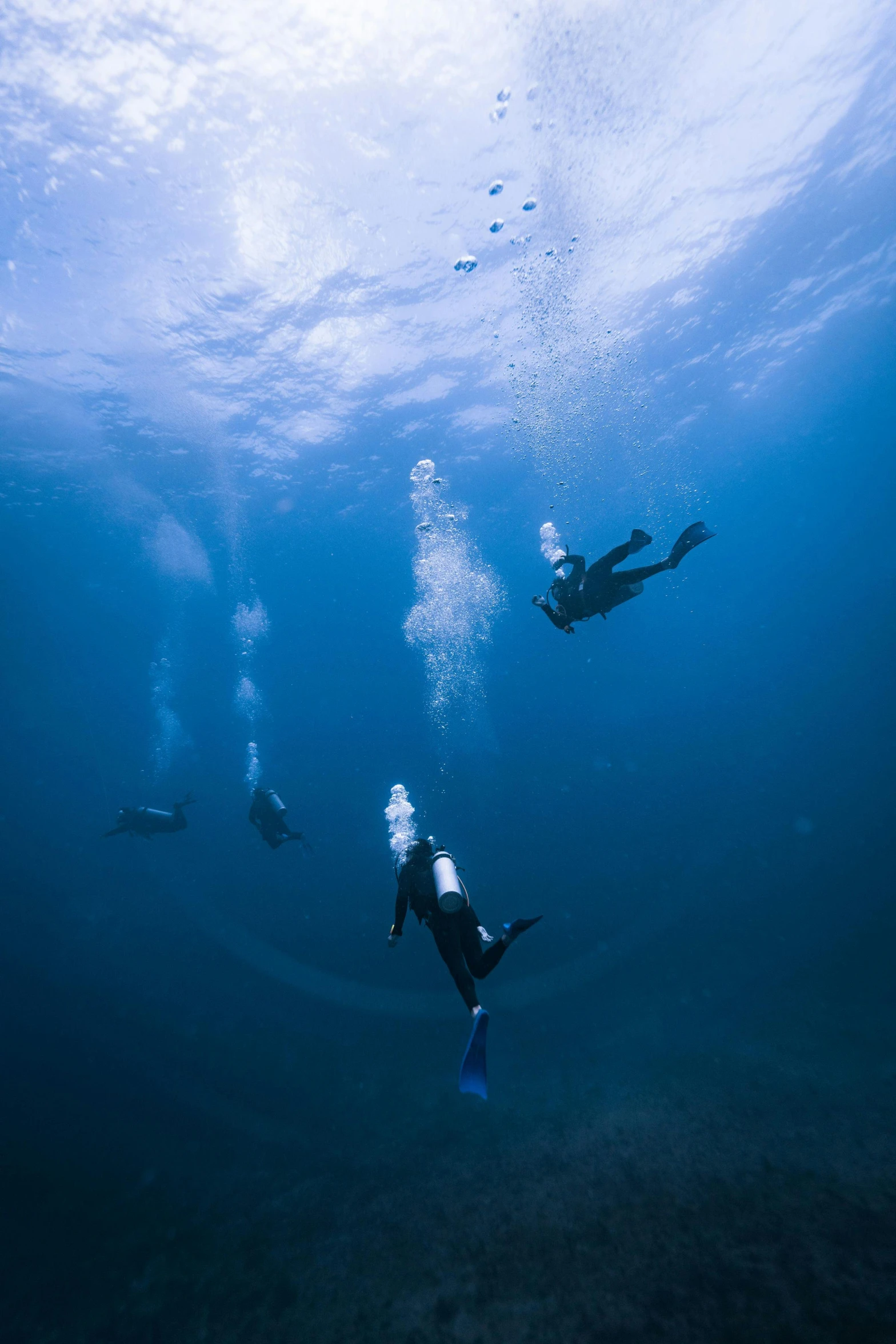 two men dive into the blue water and one is holding a camera