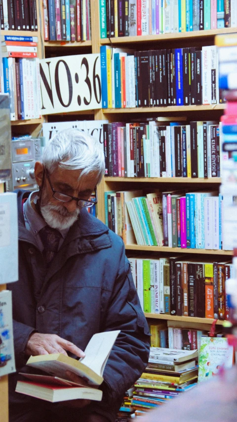 a man reading in a bookshop reading an open book