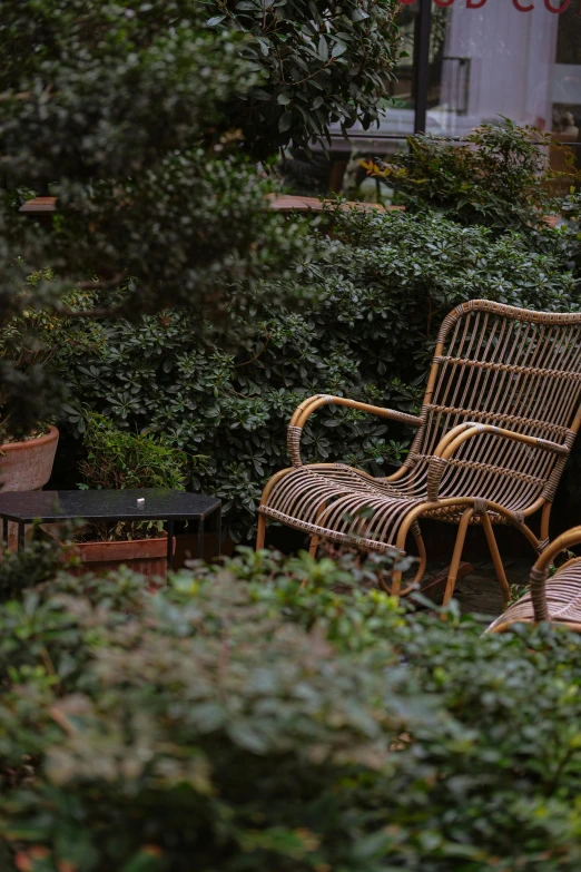 a wicker bench sitting in a garden