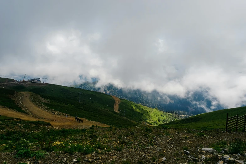 a lush green hillside covered in lots of dirt and green grass