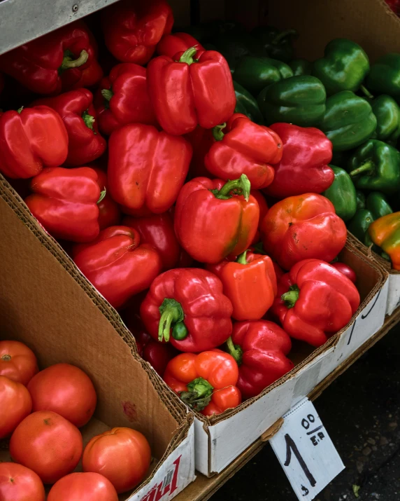 boxes full of fresh and colorful peppers are sitting on a shelf