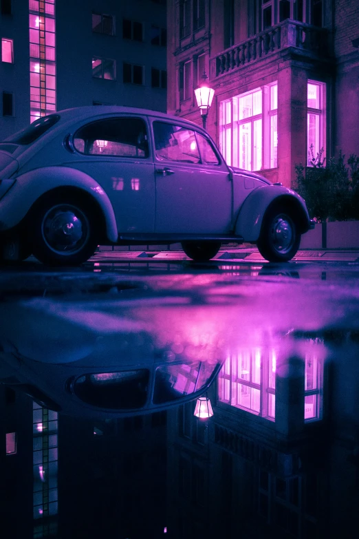 a white car parked on the side of the road with its light reflecting on it