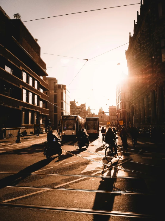 people riding bikes on a city street at sunset