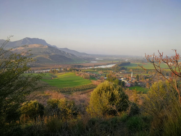 trees and land with mountains in background, and a sky