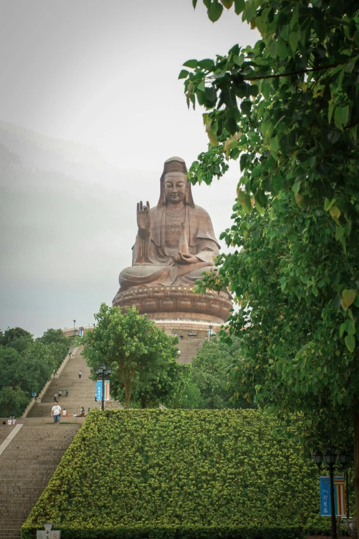 a large buddha statue is surrounded by hedges