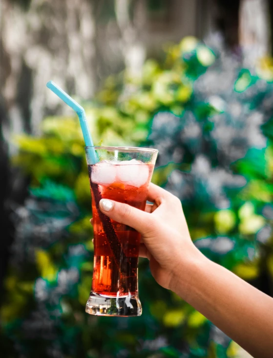 person holding up a glass filled with an alcoholic drink