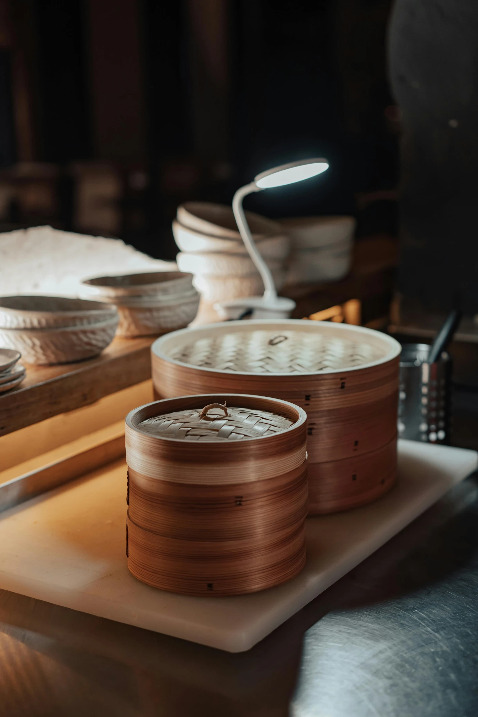 different kinds of dishes are set out on a table