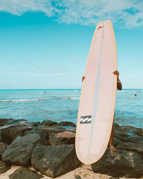 a person standing on the rocks holding up a surf board