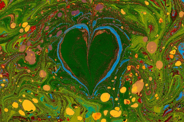 the art work of abstract heart shapes is painted on a green and yellow background