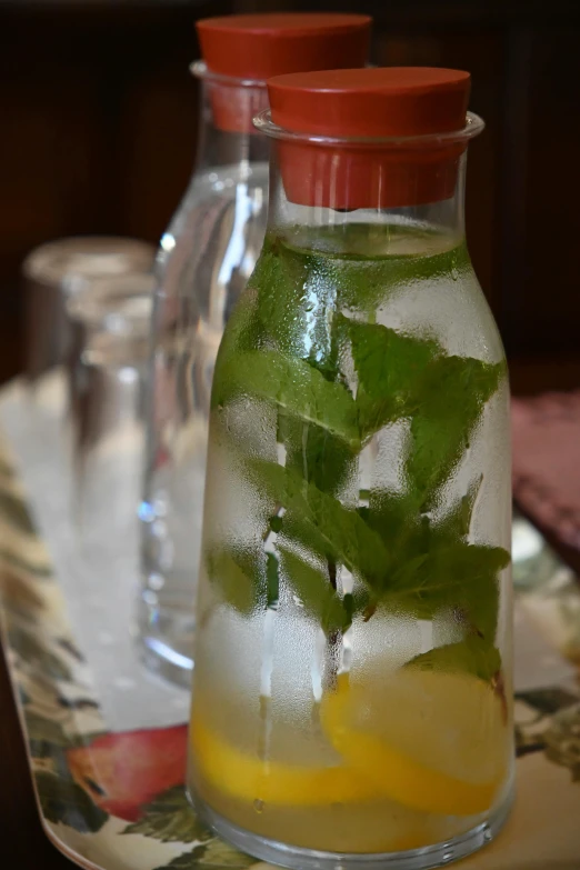 two bottles filled with water and lemons