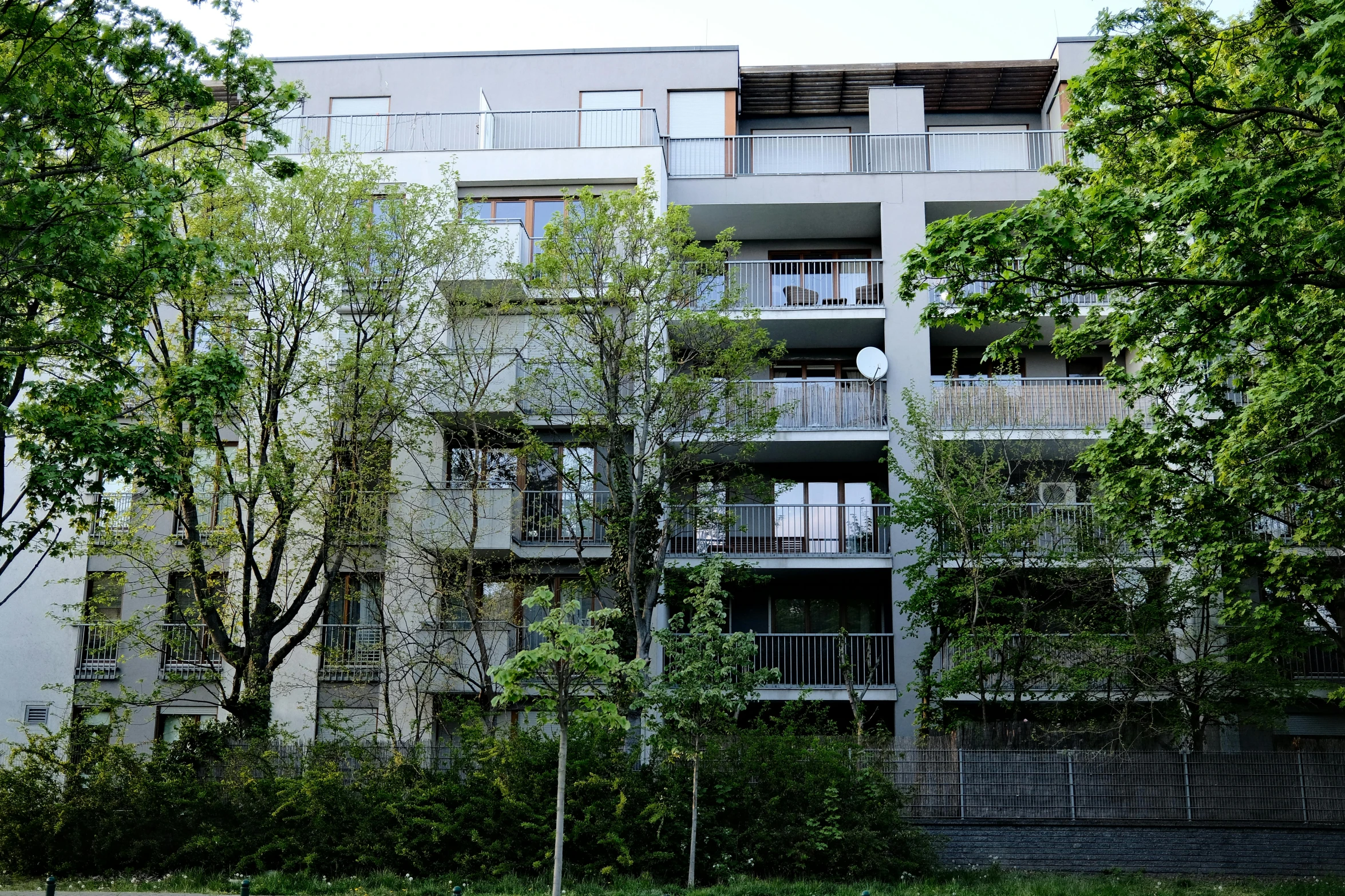 a row of apartment buildings with trees around