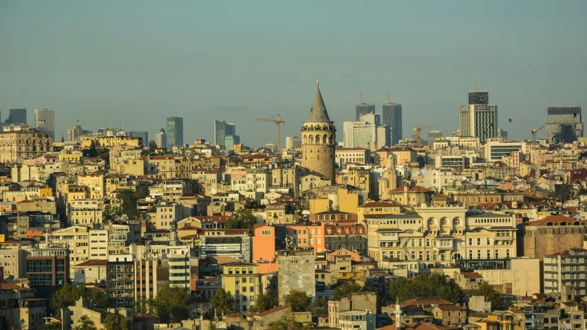 a city skyline with several large buildings