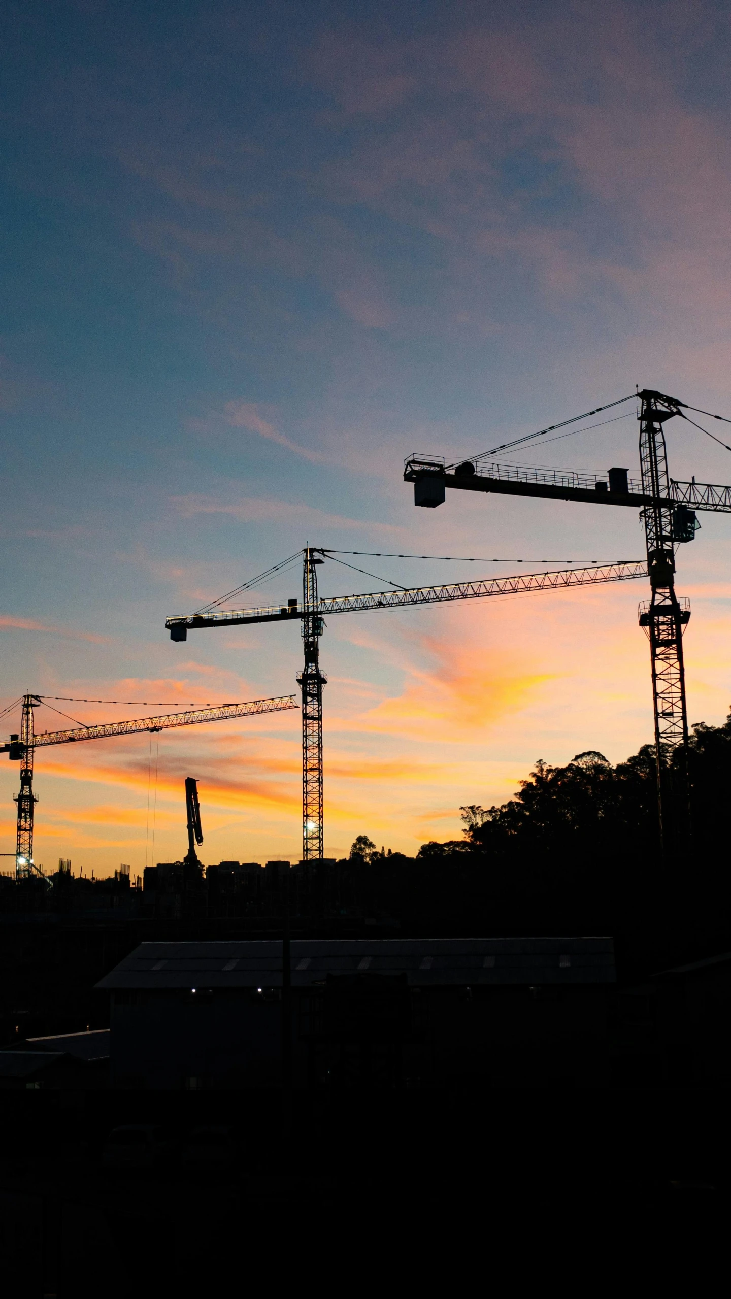 silhouettes of large cranes against the evening sky