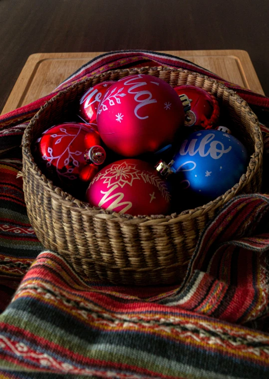 baskets filled with christmas ornaments are sitting on a table