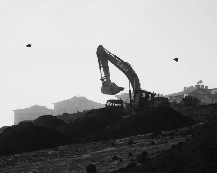 some construction equipment in a field and birds flying