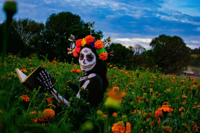 a person in costume with flowers on their head sits in a field