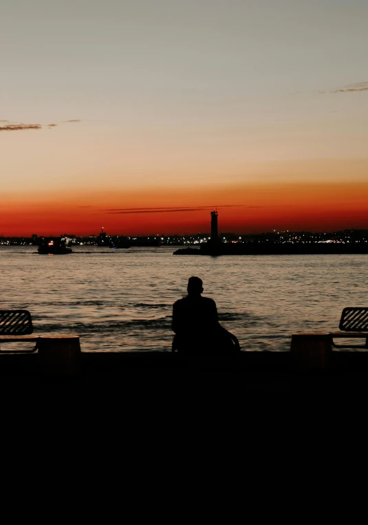 two benches facing the ocean with city lights at dusk