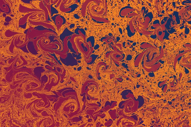 an abstract orange and black painting with lots of bubbles