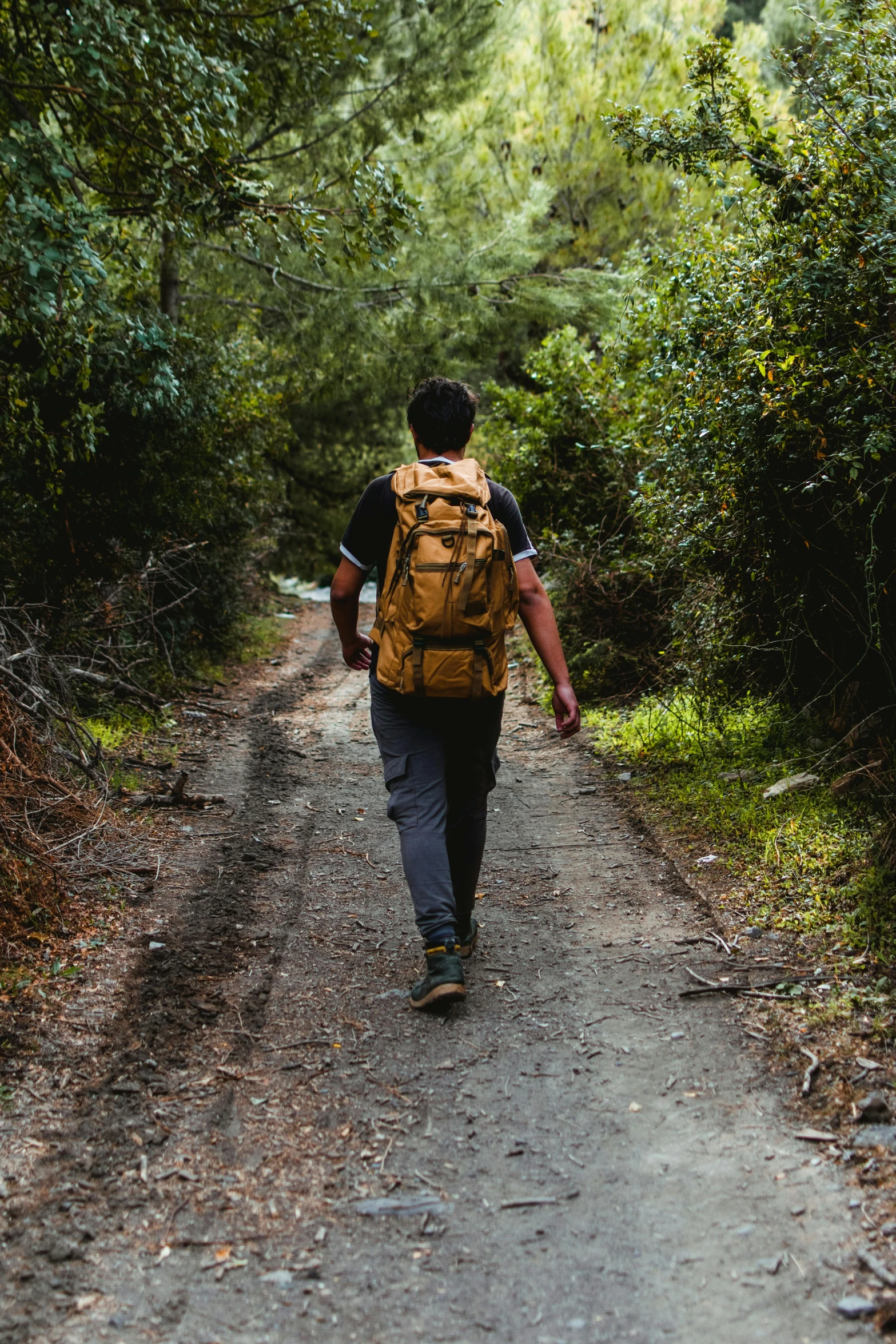 the man is walking alone with a large backpack