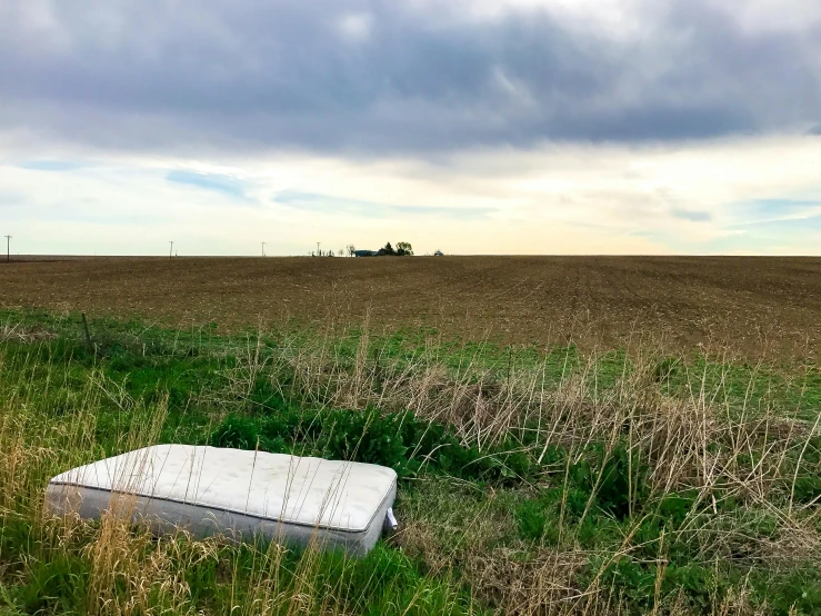 a bench sits in the middle of an empty field