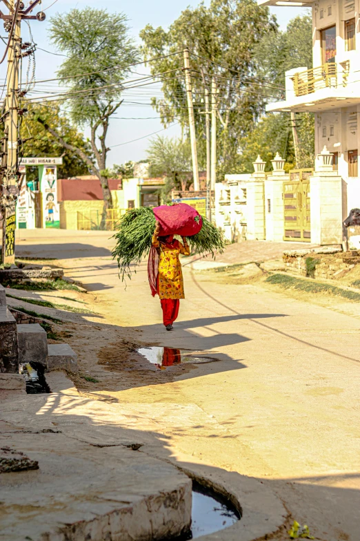 a woman is walking down the road carrying a bunch of flowers