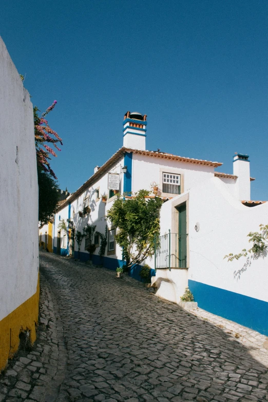 a narrow cobblestone street lined with buildings