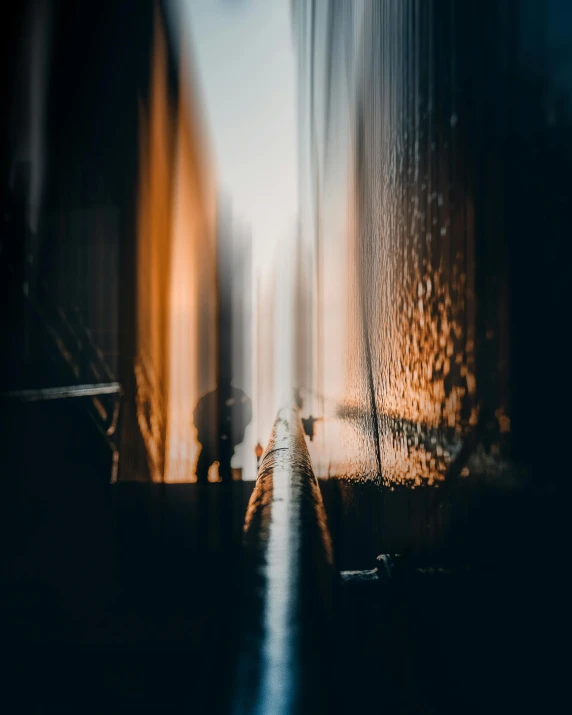 three people stand on either side of a path that is empty