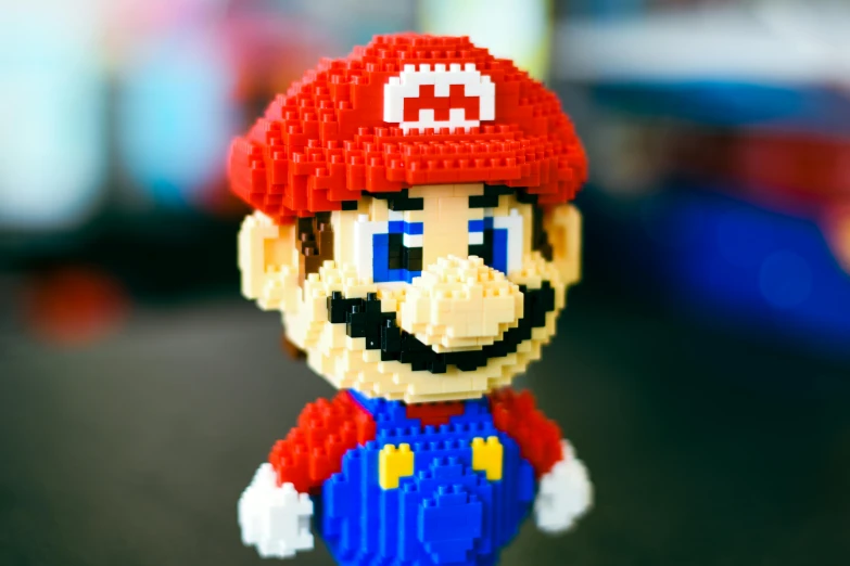 the lego mario brothers head is on display