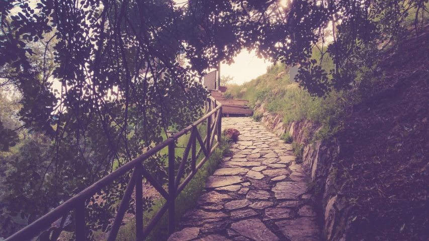 a wooden fence on the side of a stone path