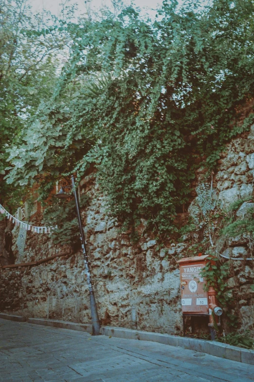 an empty bench on the sidewalk near a wall