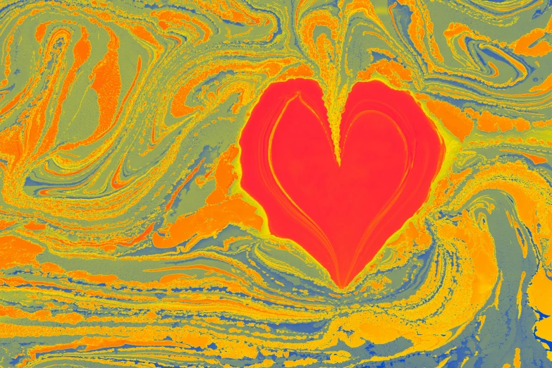 a painting in orange and yellow with a heart shape
