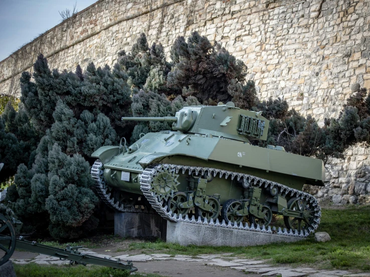 military tanks are lined up near the tree