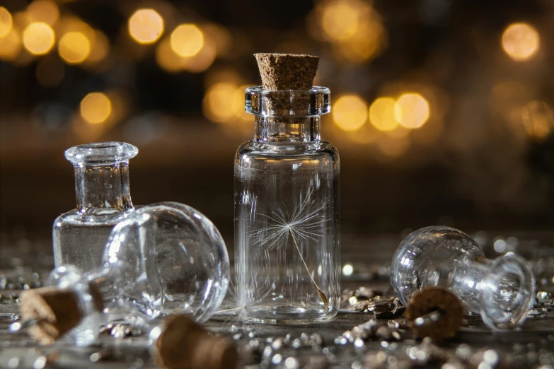 two bottles on a table filled with pebbles and glass