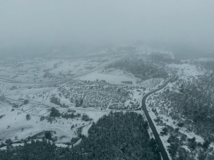 the view from a plane shows snow and pine trees in the middle